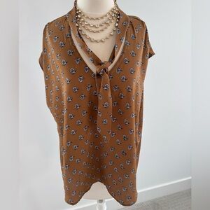 Ann Taylor Factory Brown Tie Front Cap Sleeve Blouse